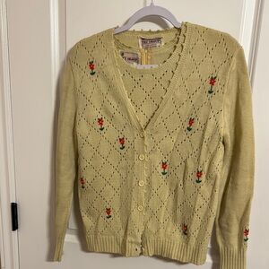 Cream Cardigan Sweater with Floral Knit Design